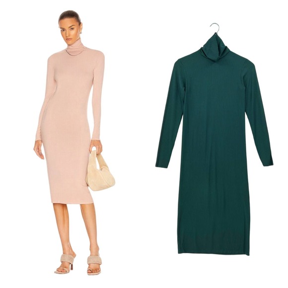 ENZA COSTA Compact Silk Rib Dress Women Medium Green Long Sleeve Turtleneck Midi - Picture 1 of 14